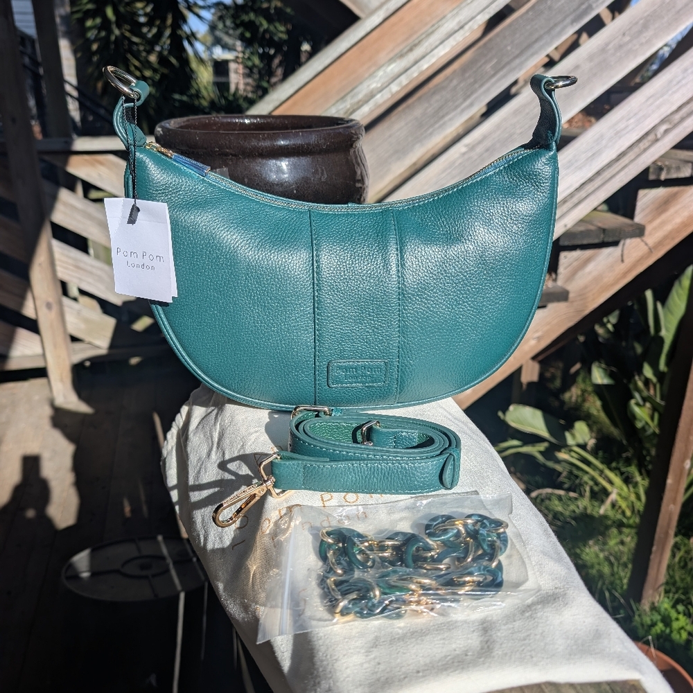 Pom Pom London Teal Crescent Shoulder Bag